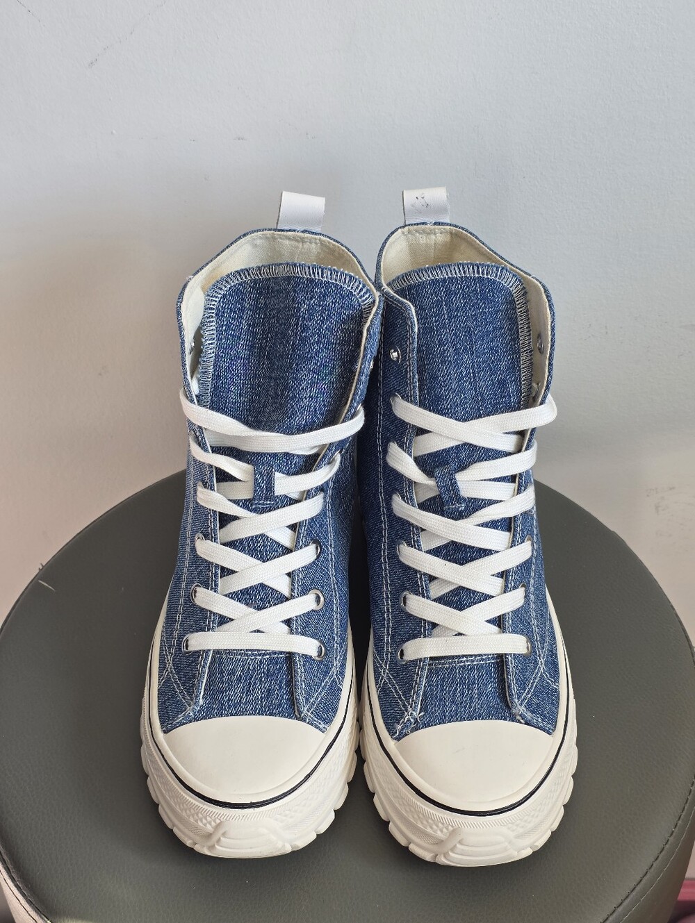 Wishbone Denim Platform High Top Sneakers Chunky Lug Sole Blue Jean Lace Up 10 - Picture 7 of 11